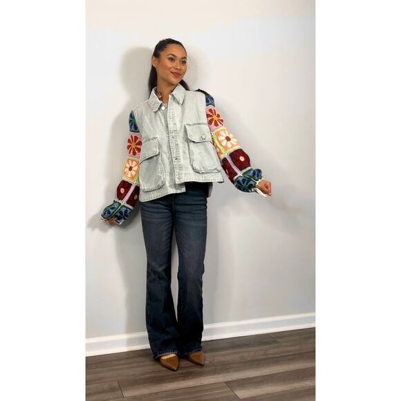 Blank NYC Young Love Jacket in Multi Medium Denim Floral Crochet Stretch Classic - Picture 1 of 6